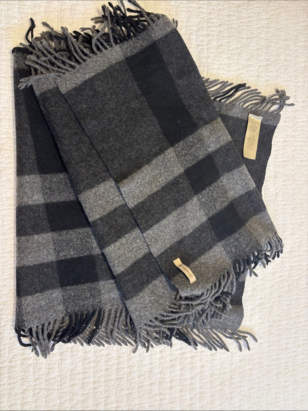 Burberry Black & Gray double sided fringe wool scarf - Picture 2 of 5